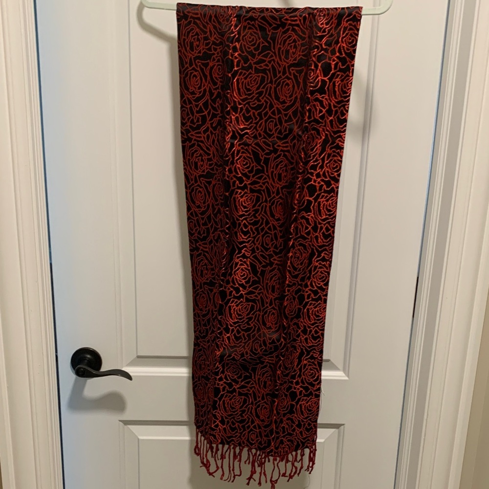 Beautiful, Double Sided, Silk & Cashmere Red and Black Floral Scarf
